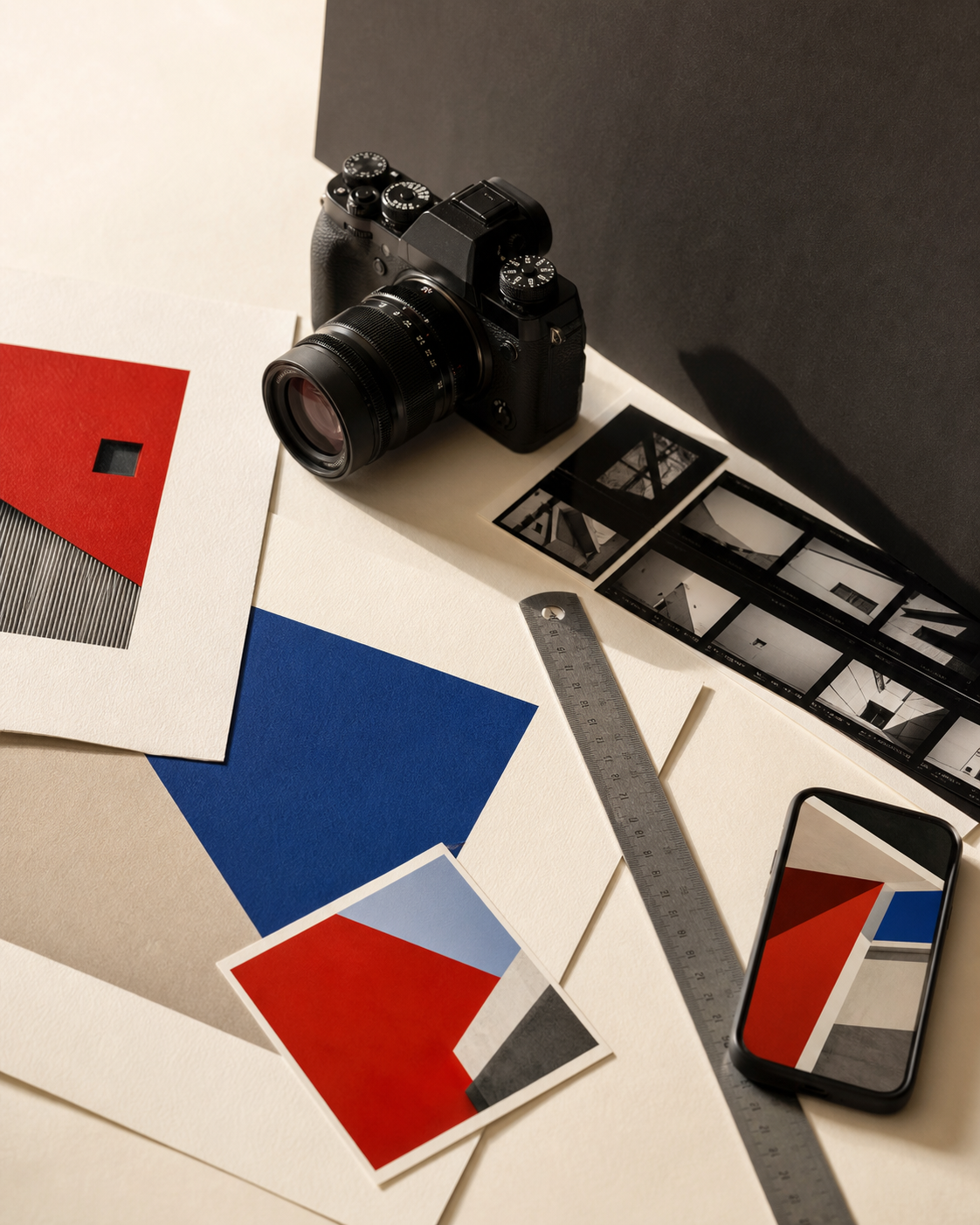 Camera, contact sheets, design prints, ruler, and smartphone arranged in an editorial studio composition